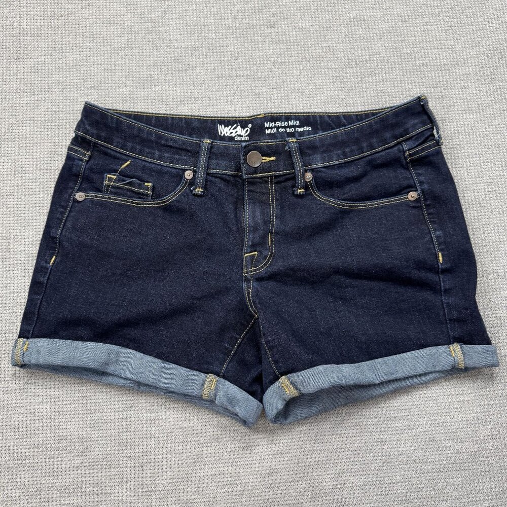 Mossimo Womens Mid-Rise Midi Denim Shorts Size 4 Blue Cuffed Hem Stretch Pockets